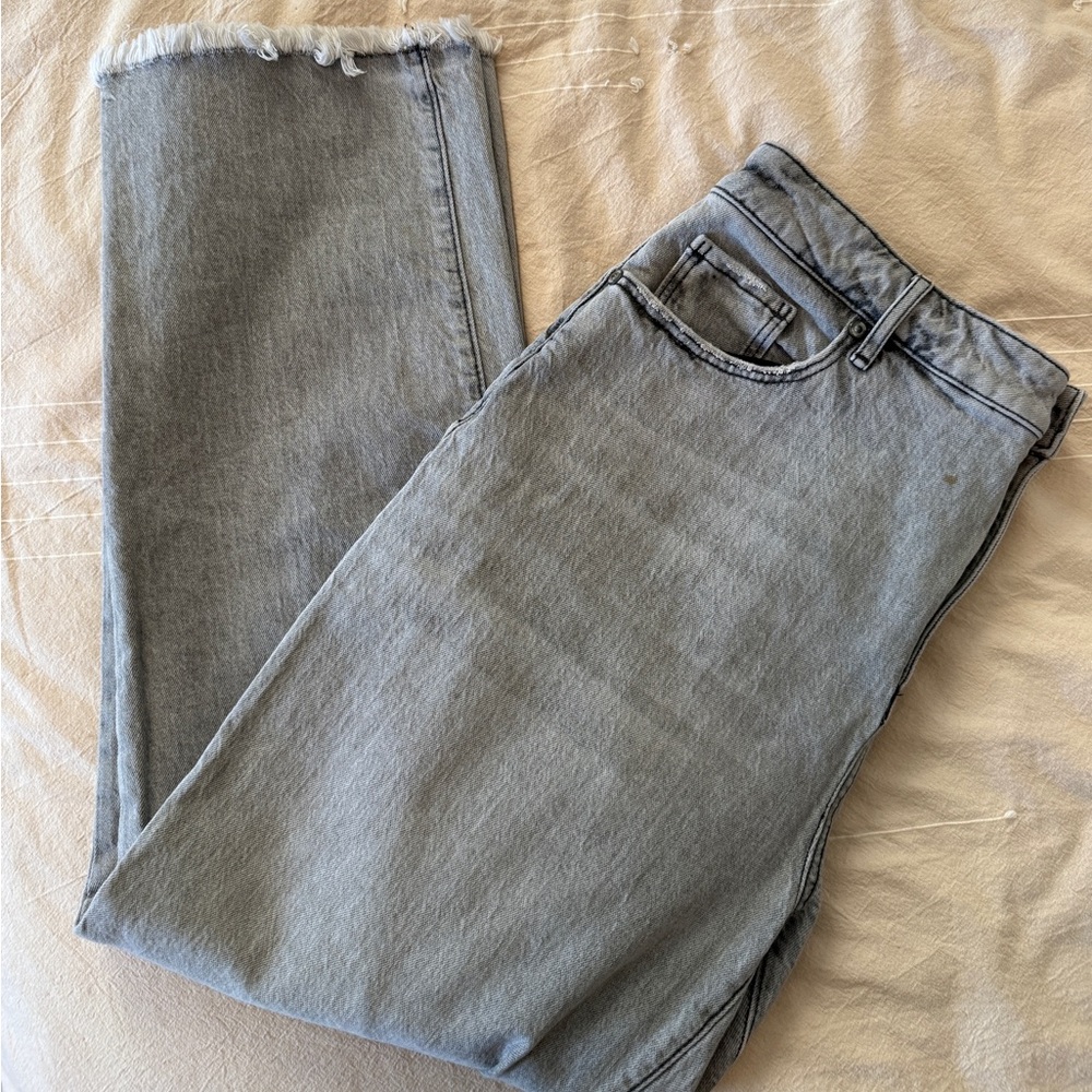 LOFT Gray Straight Leg Jeans with Distressed Hem